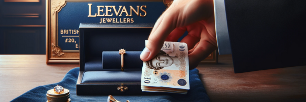 Jewellers in Leeds. A hand exchanging cash for elegant gold jewelry on a plush navy blue velvet surface, with a discrete sign indicating a reputable jewellers