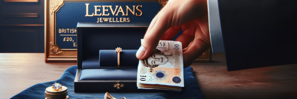 A hand exchanging cash for elegant gold jewelry on a plush navy blue velvet surface, with a discrete sign indicating a reputable jewellers in Leeds